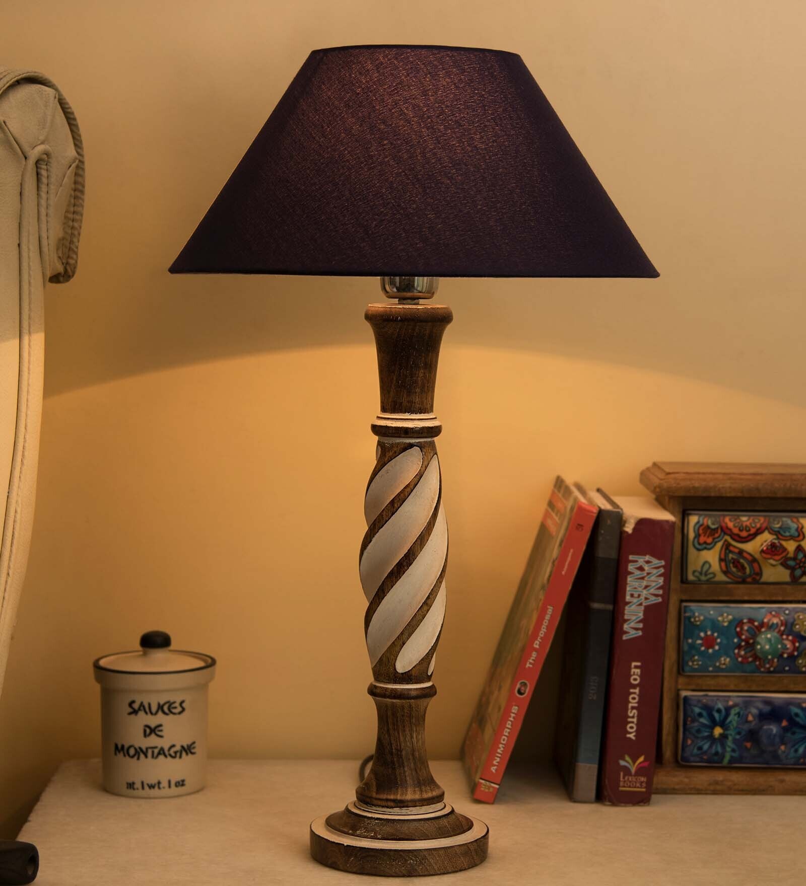 Antique White Twister wooden table lamp with blue shade
