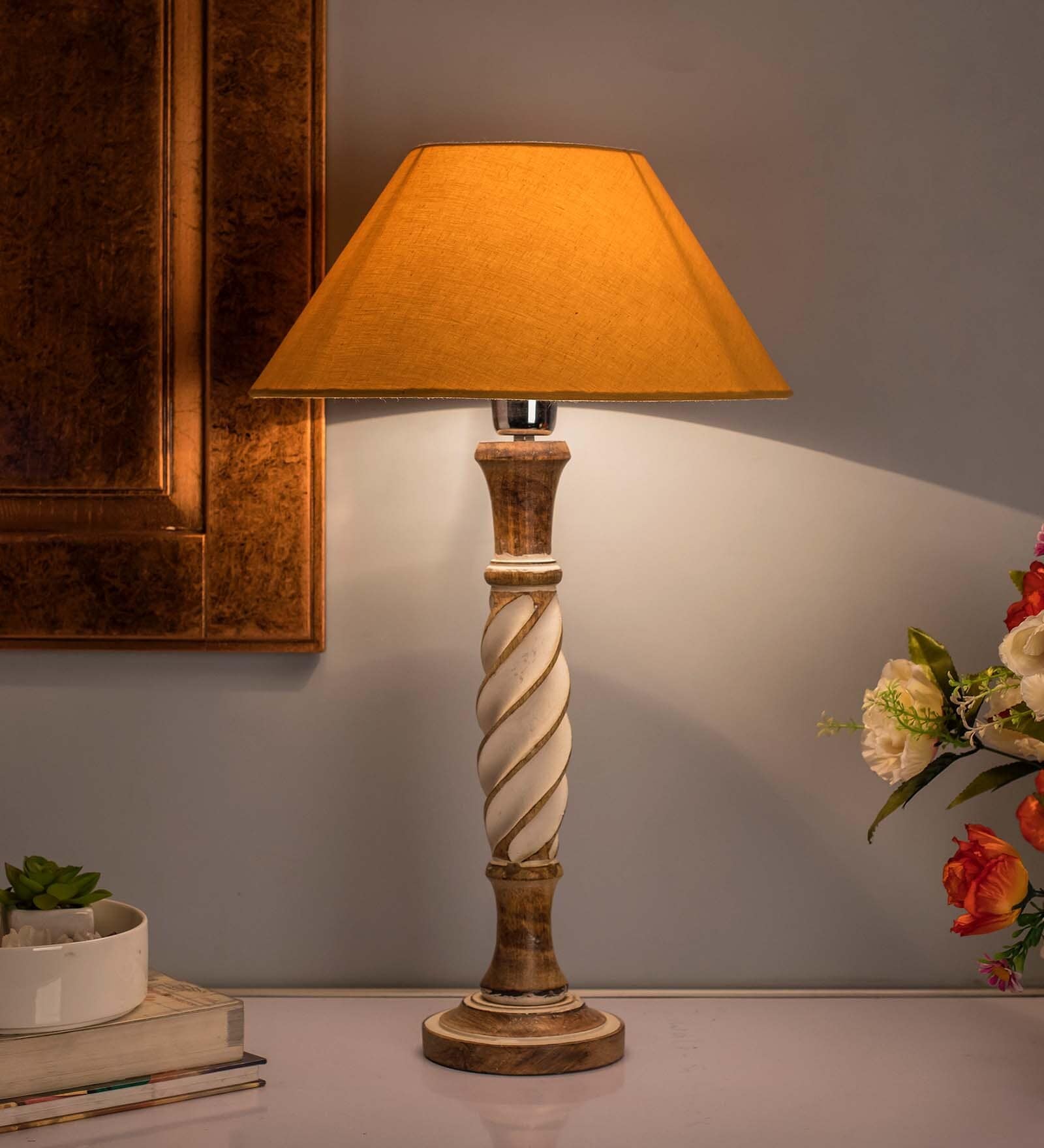Antique White Twister wooden table lamp with Golden shade
