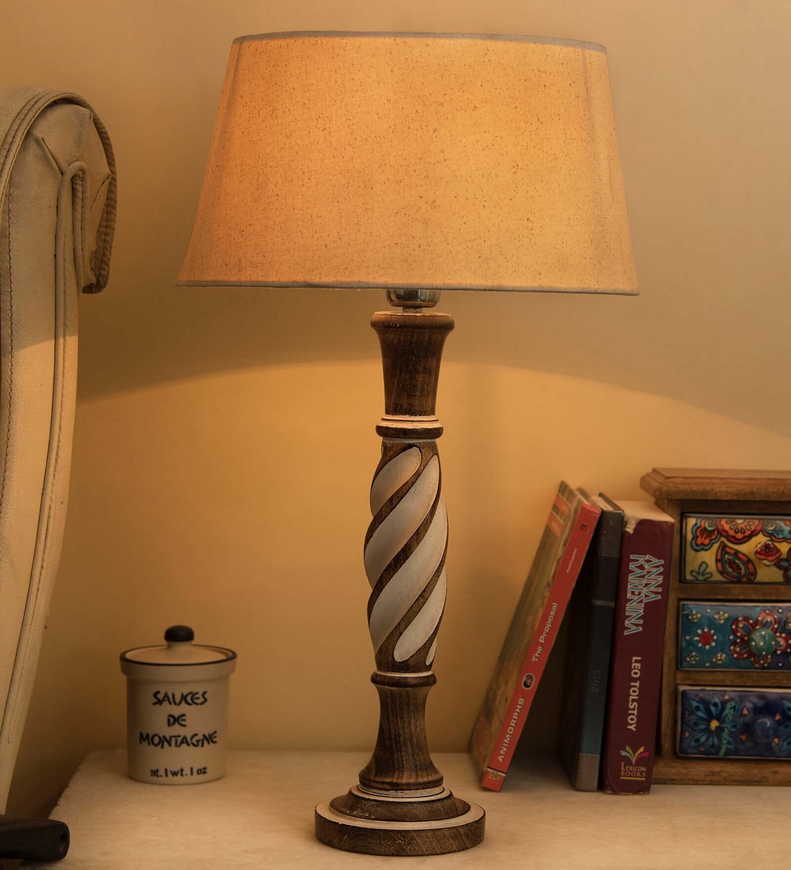 Antique White Twister wooden table lamp with khadi drum shade