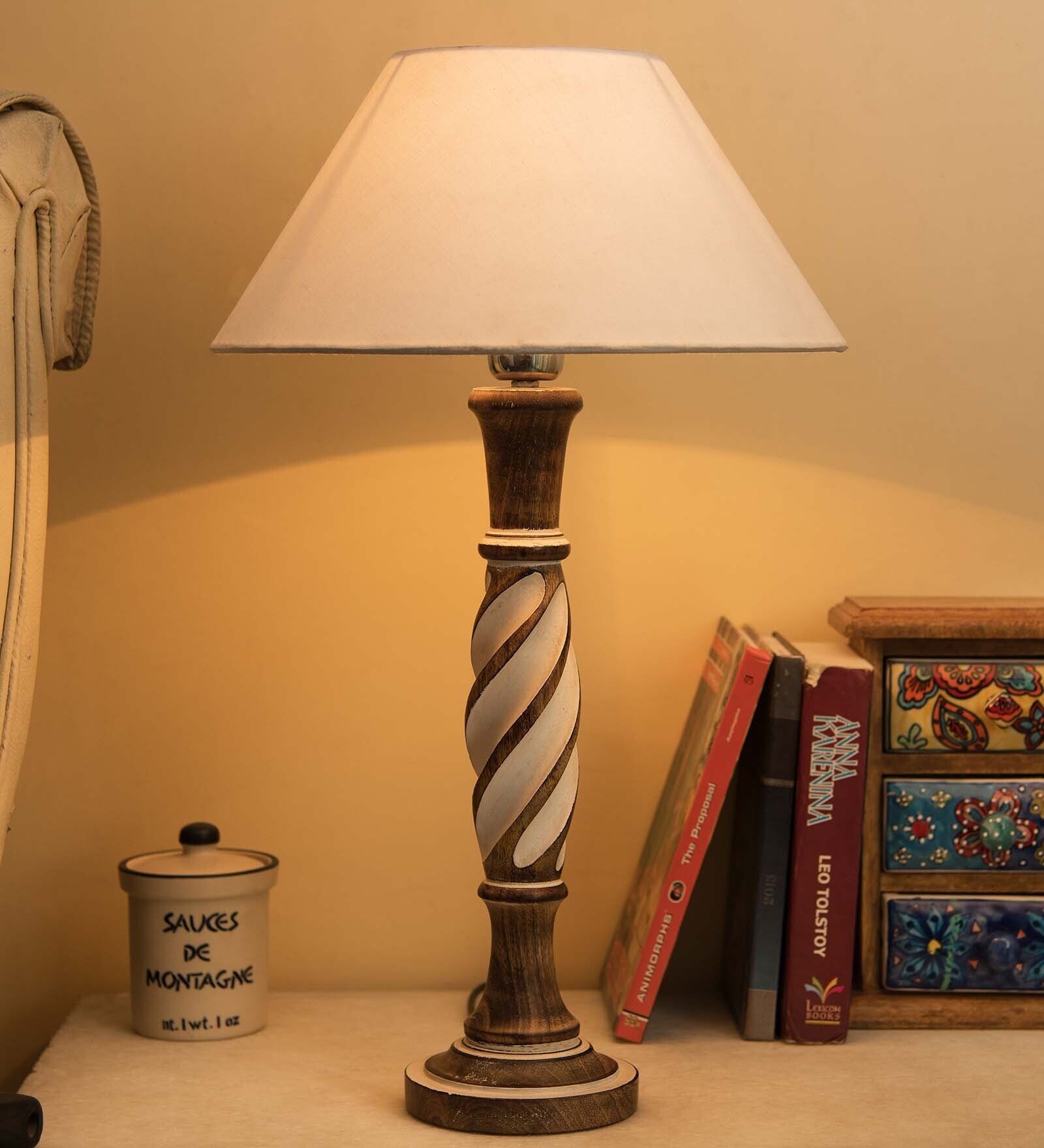 Antique White Twister wooden table lamp with white shade