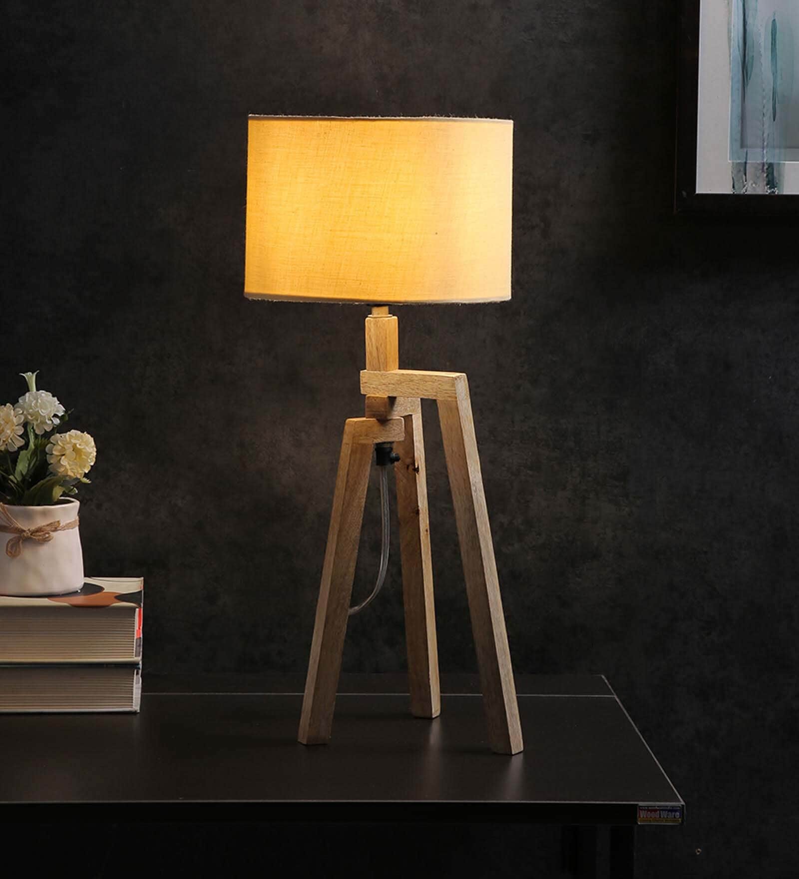 Corner Beige Fabric Shade Night Lamp With Mango wood Base