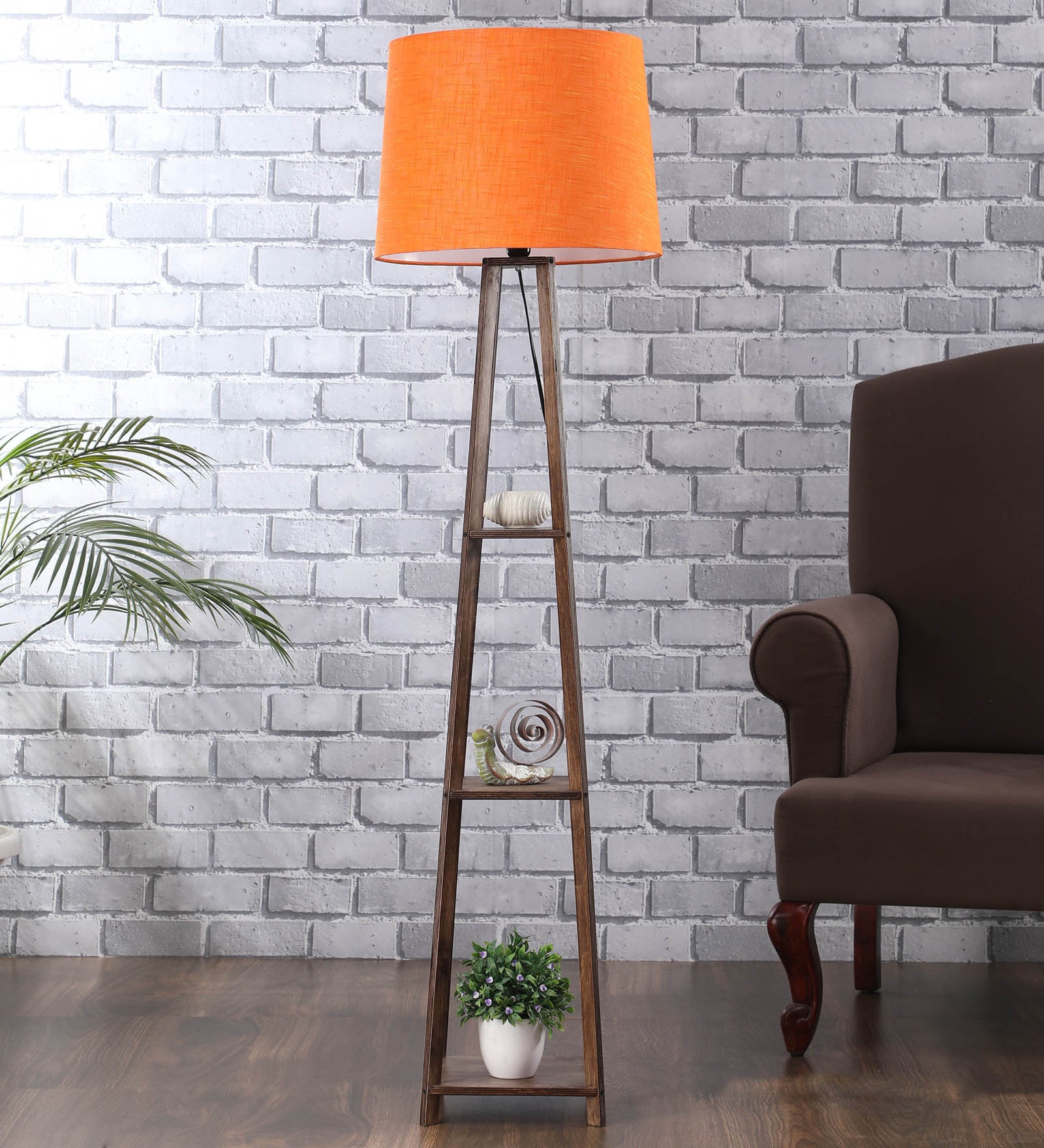 Dhalai Orange Fabric Shade Shelf Floor Lamp With Wood Base