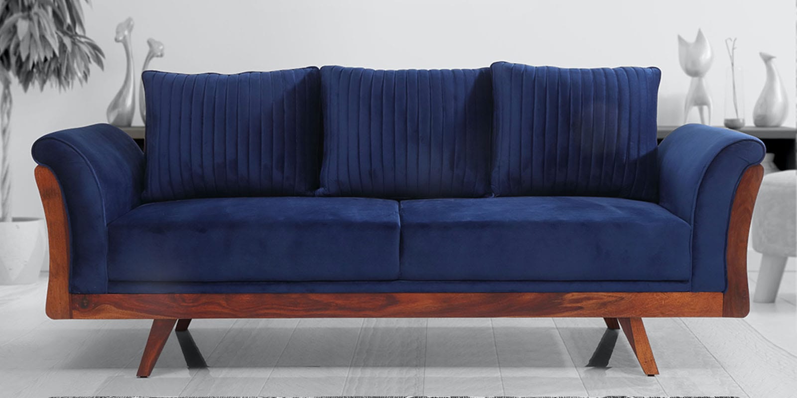 Anderson Solid Wood 3 Seater Sofa in Blue Colour