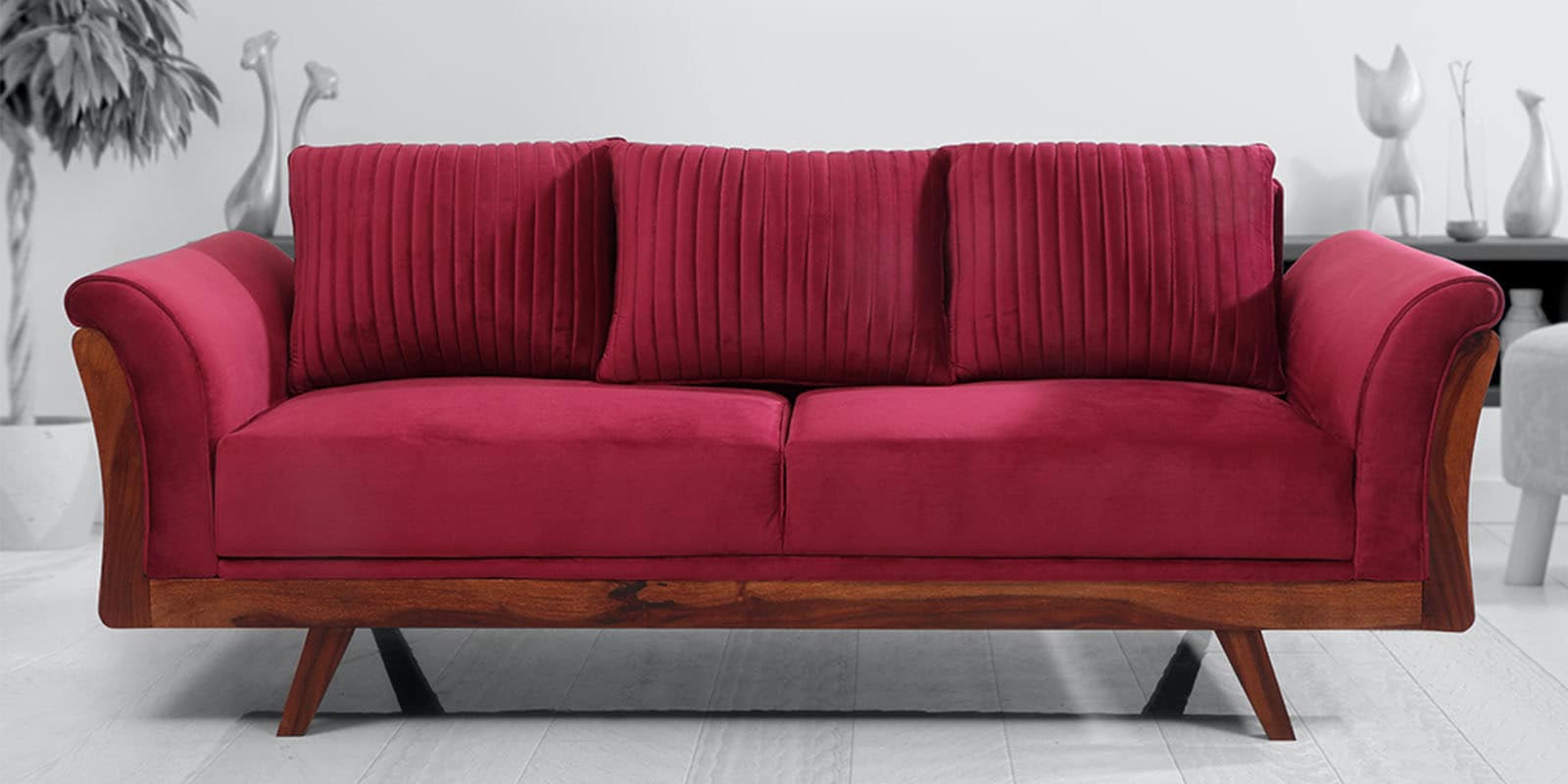 Anderson Solid Wood 3 Seater Sofa in Maroon Colour