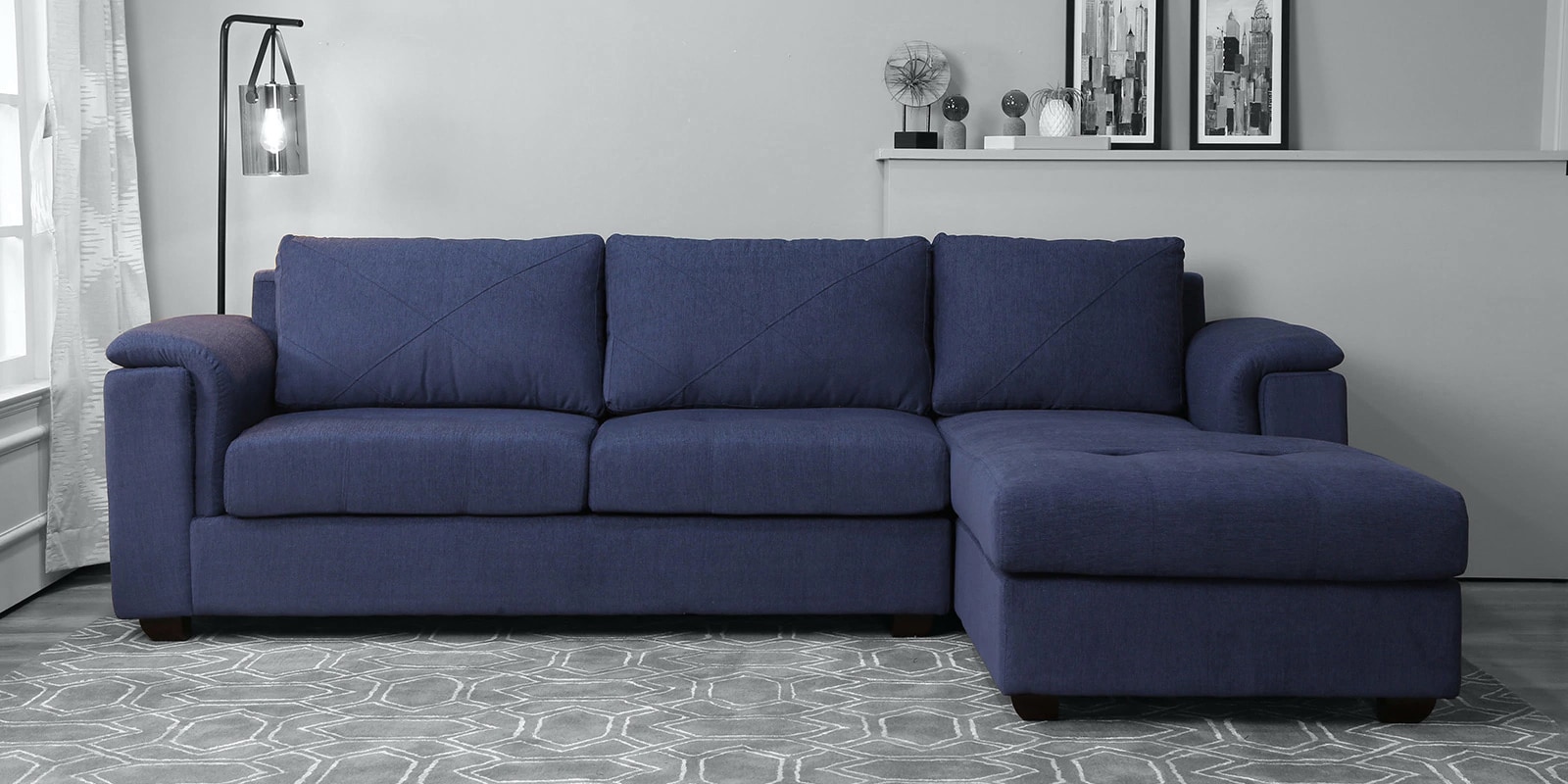 Andres Fabric LHS Sectional Sofa (3 + Lounger) In Navy Blue Colour