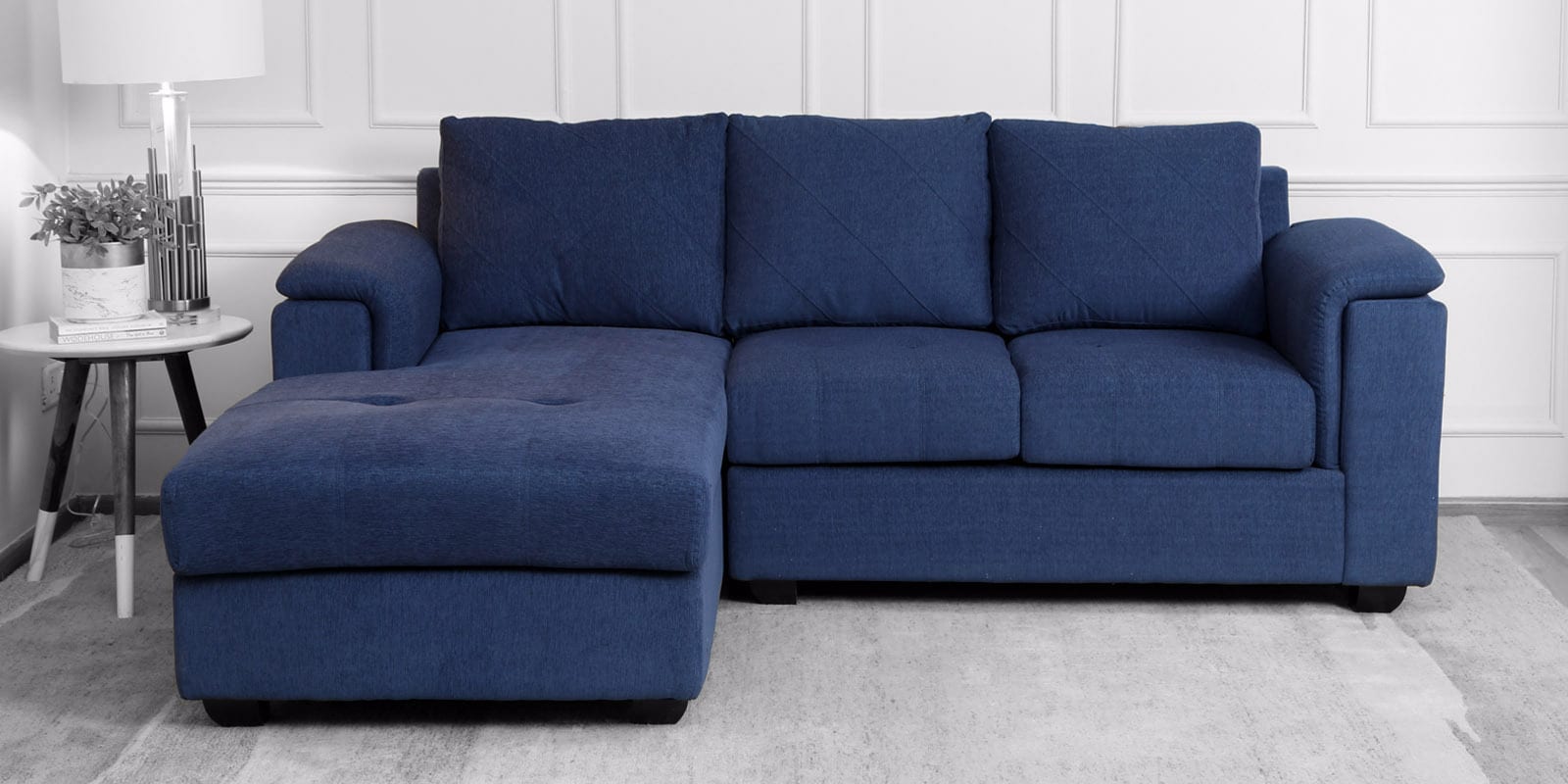 Andres Fabric RHS Sectional Sofa (2 + Lounger) in Navy Blue Colour