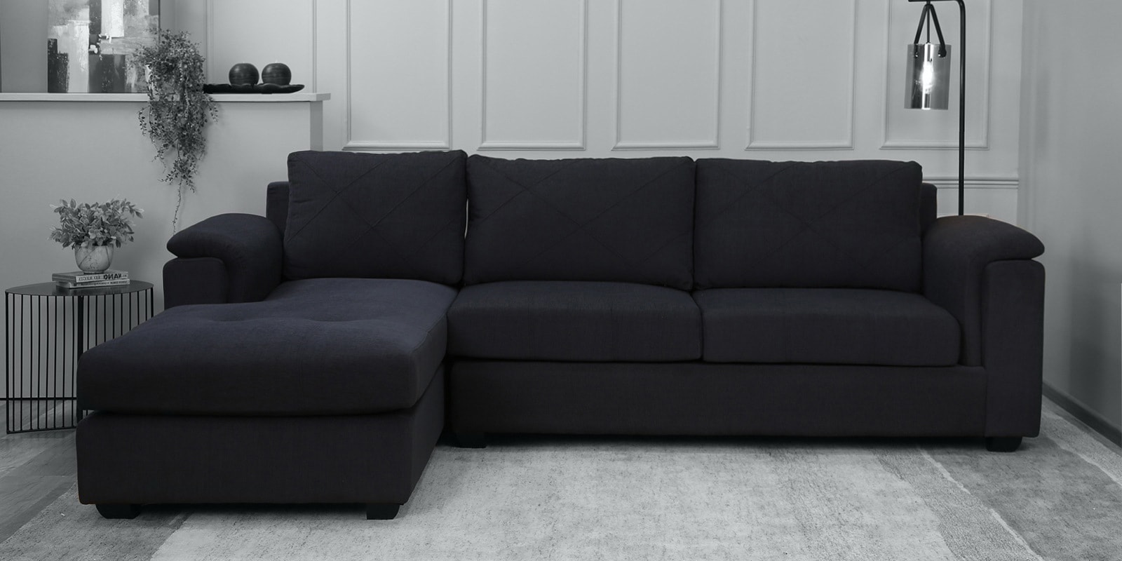 Andres Fabric RHS Sectional Sofa (3 + Lounger) in Charcoal Grey Colour