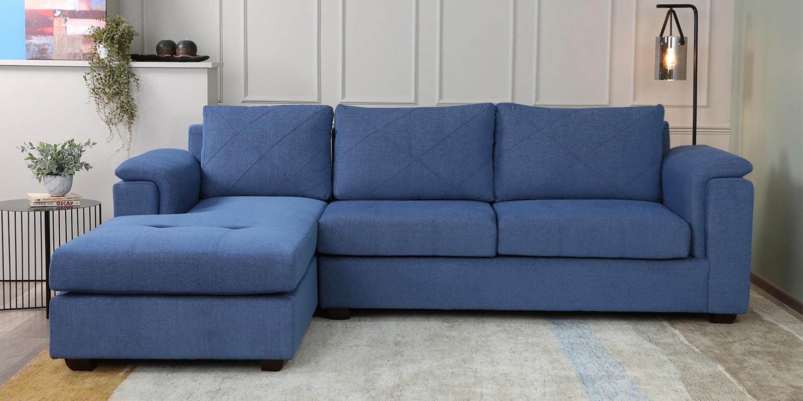 Andres Fabric RHS Sectional Sofa (3 + Lounger) in Denim Blue Colour