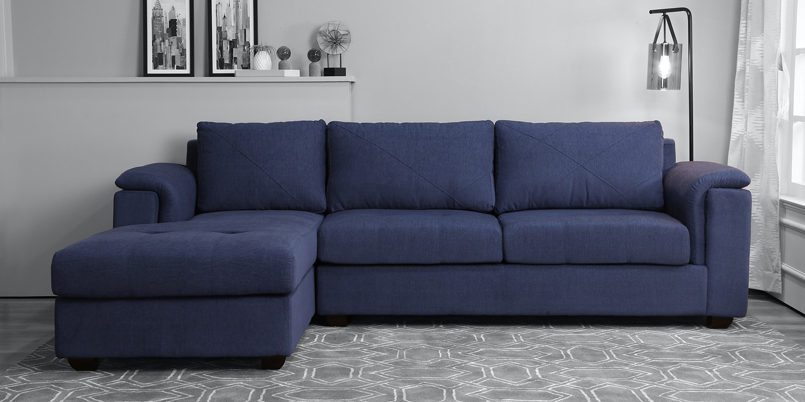 Andres Fabric RHS Sectional Sofa (3 + Lounger) in Navy Blue Colour