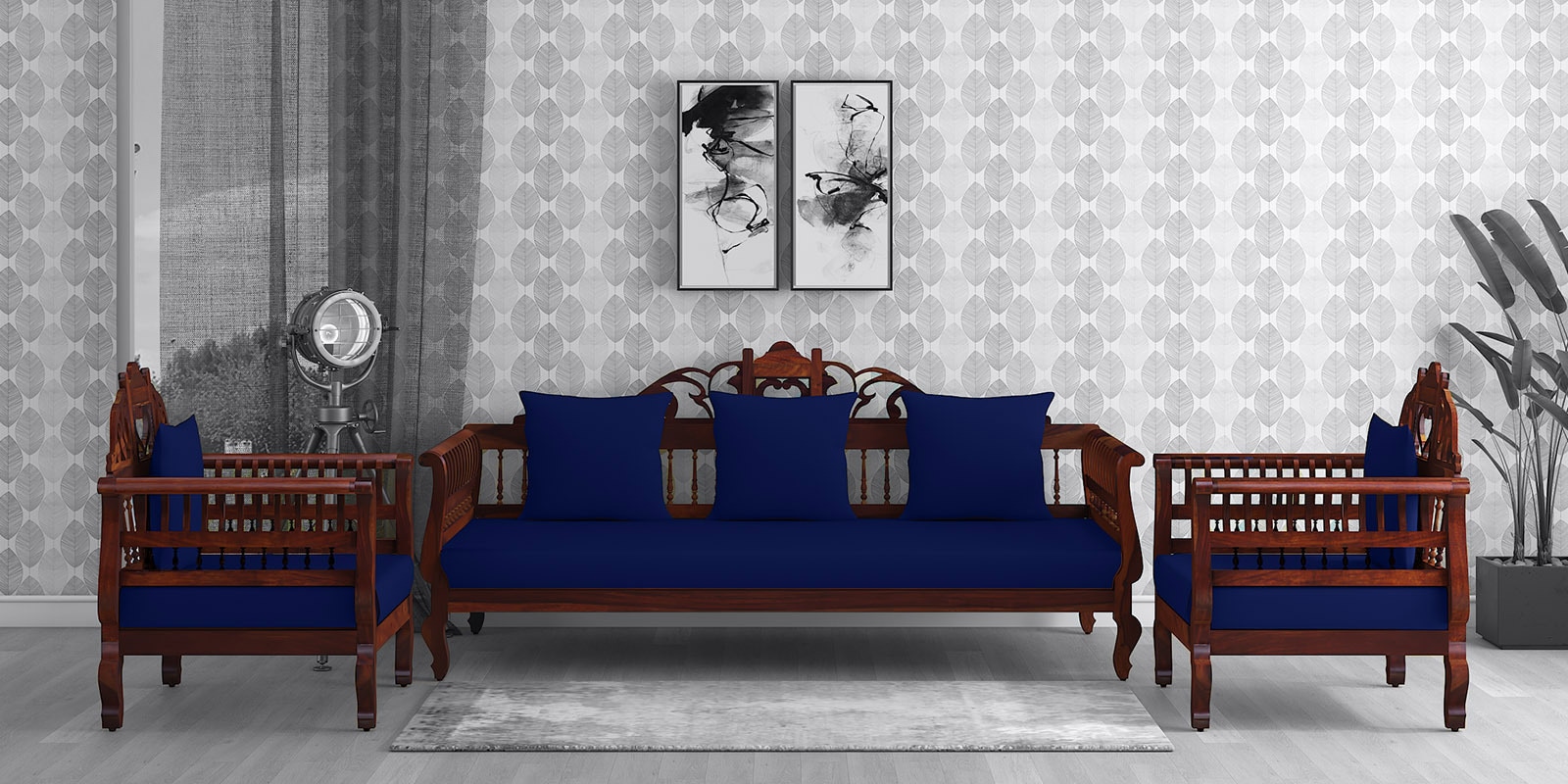 Anglo Sofa Set (3+1+1) in Honey Oak Finish