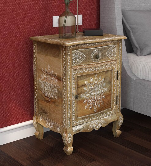 Buy Anant Solid Wood Hand Painted Bedside Cabinet In Natural