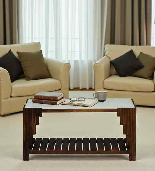 Andau Sheesham Wood Coffee Table In Provincial Teak Finish With Porcelain Top