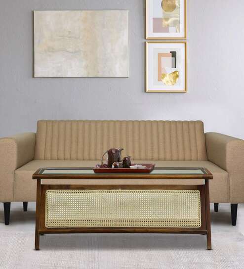 Andora Sheesham Wood Glass Top Coffee Table In Scratch Resistant Provincial Teak Finish