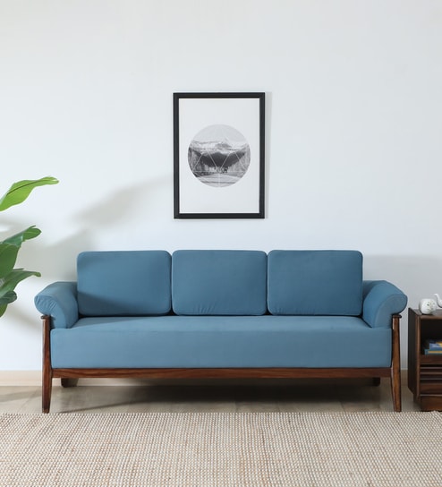 Andorra Sheesham Wood 3 Seater Sofa In Blue Colour