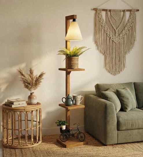 Andre Wooden Shelf Floor Lamp with Wooden Shade & Brown Base