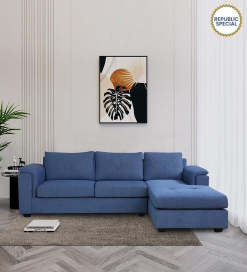 Andres Fabric LHS Sectional Sofa (3 + Lounger) In Denim Blue Colour