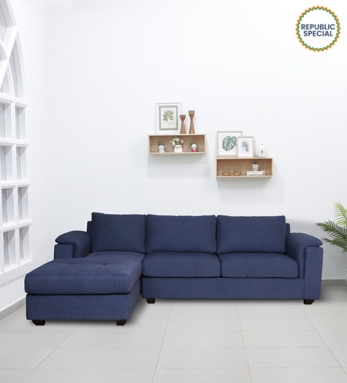 Andres Fabric RHS Sectional Sofa (3 + Lounger) in Navy Blue Colour