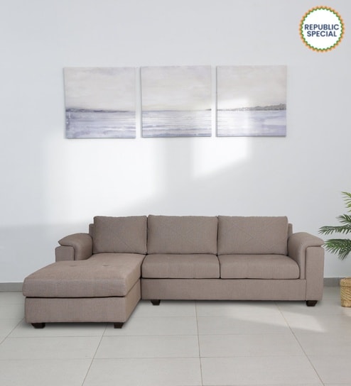 Andres Fabric RHS Sectional Sofa (3 + Lounger) in Sandy Brown Colour