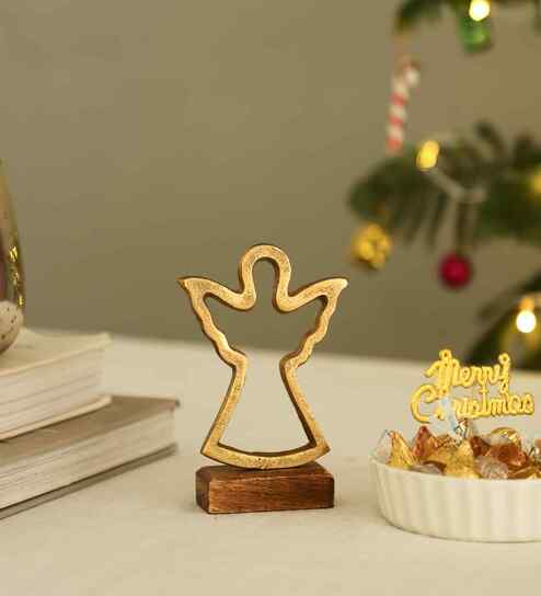 Aluminium Angel Showpiece With Wooden Base