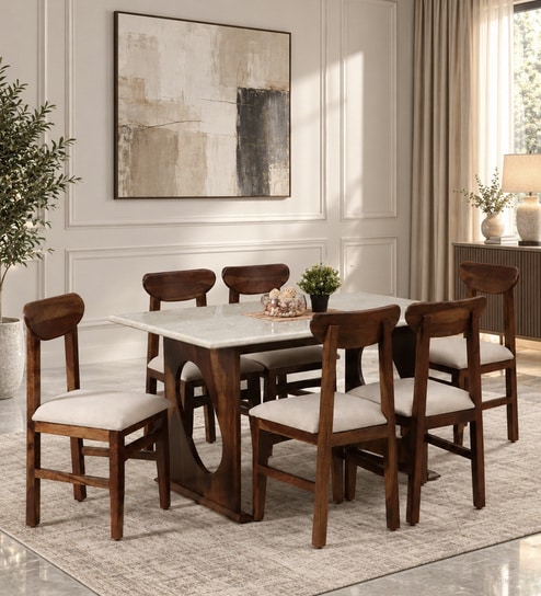 Anglet Sheesham Wood 6 Seater Dining Set In Scratch Resistant Provincial Teak Finish  With Bottochino Top