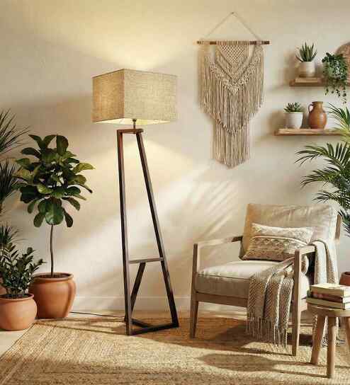 Angular Wooden Floor Lamp with Jute Shade & Brown Base