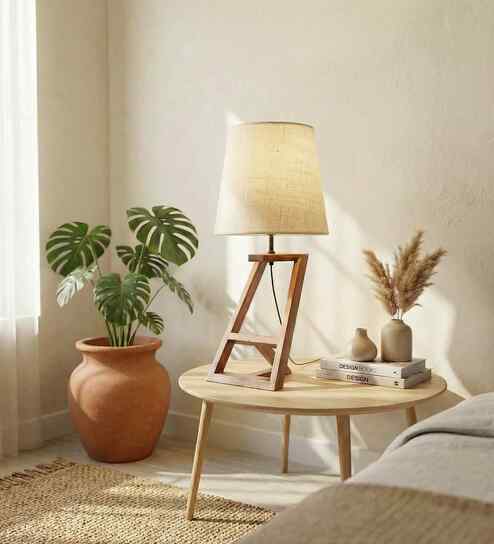 Angular Wooden Table Lamp with Jute  Shade & Brown Base