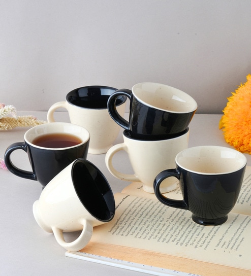 (Set Of 6) Animal Bone Ash Free Stoneware Tea Cups (Black & White)