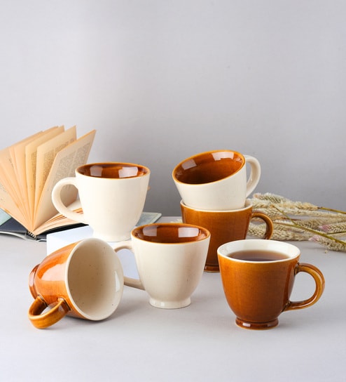 (Set Of 6) Animal Bone Ash Free Stoneware Tea Cups (Brown & White)