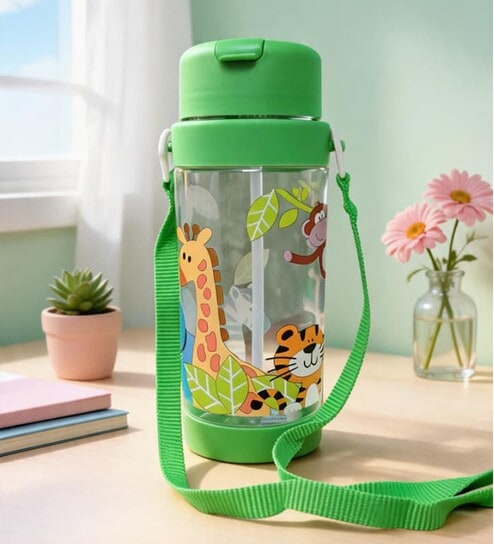 Green Animal Printed Plastic Water Bottle with Straw & Carrying Strap, 600 ml