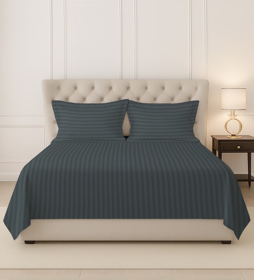 Anthrazit Grey Stripe 300 TC Cotton Super King Sized Bedsheet with 2 Pillow Covers