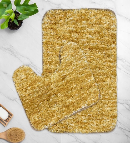 Anti Gold Microfibre 16x24 Inches Fluffy Bath Mat Set Of 2