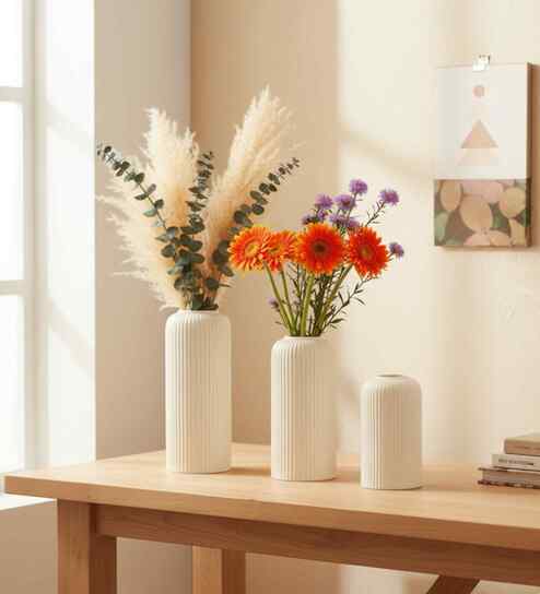 Antique (Set of 3) Ceramic Flower Vase (white)