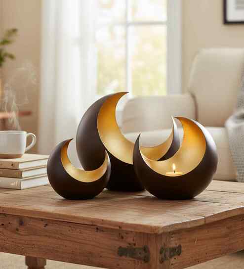 Antique (Set of 3) Mild Steel T- Light Holder (Gold)