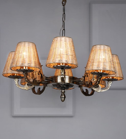 Antique Aluminium 8-Light Tapered Beige Cane Shade Ceiling Chandelier Hanging