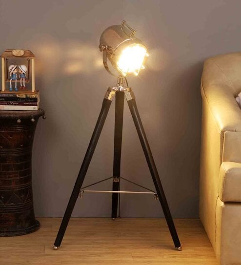 Antique Brass Metal Shade  Floor Lamp with Black Base