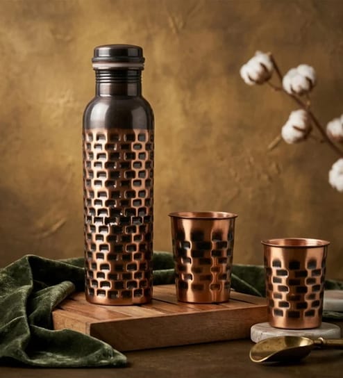 Antique Brick Pattern Copper Bottle & Tumbler Set Antique Brick Pattern Copper Bottle & Tumbler Set
