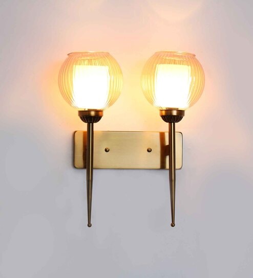 Antique Finish Double Arm Wall Light with Dual Ribbed Glass