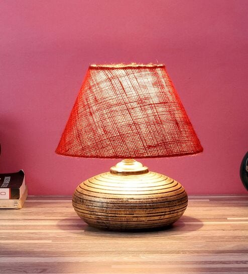 Antique Gold Terracotta & Natural Fiber Red  Colour Table Lamp