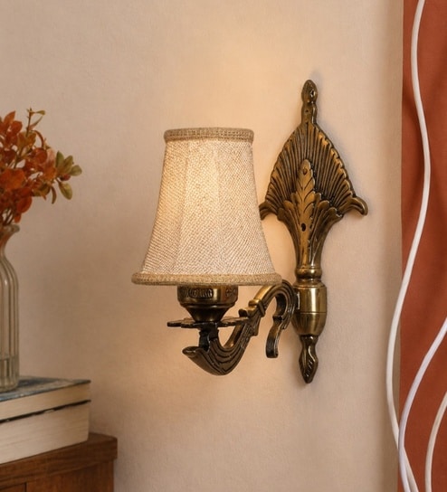 Antique Gold Wall Sconce with Beige Jute Shade for Hotel & Guest Room