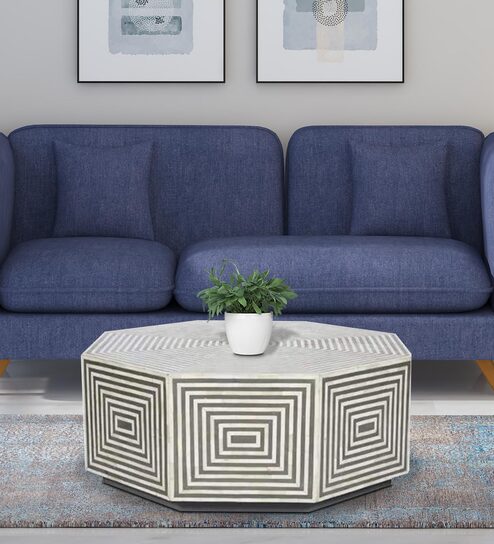 Antique Hexagon Bone Inlay Coffee Table in Grey & White Colour