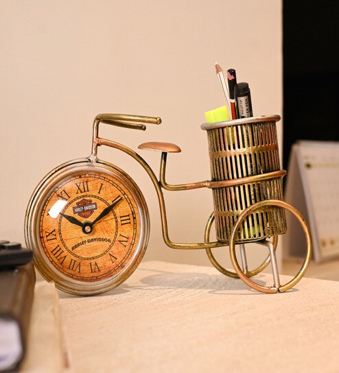 Golden Metal Antique Cycel Pen Stand With Clock