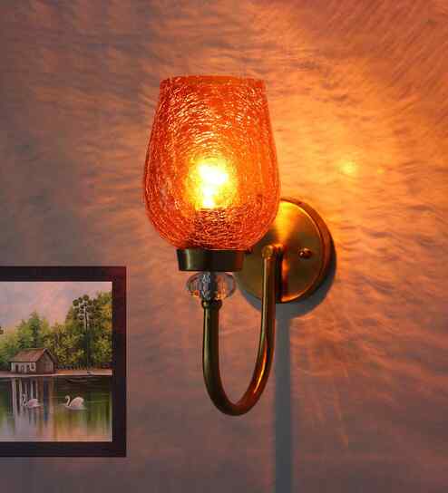 Antique Wall Sconce Light with Amber Crackle Glass