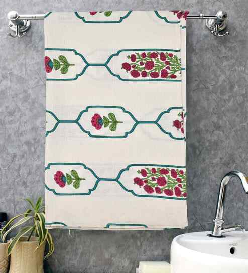 Antique White Madhuban Floral Waffle Cotton 250 GSM Bath & Hand Towel Set