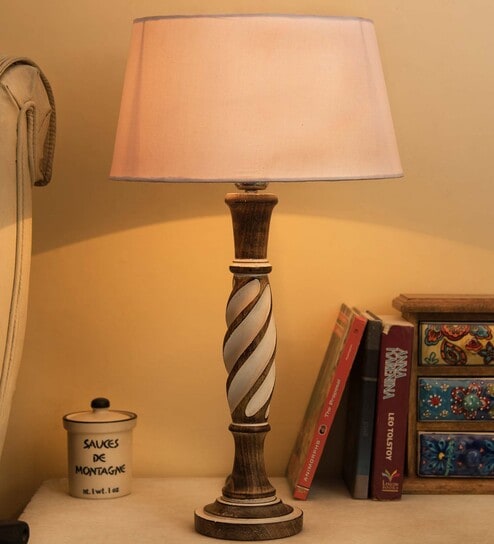 Antique White Twister wooden table lamp with white drum shade