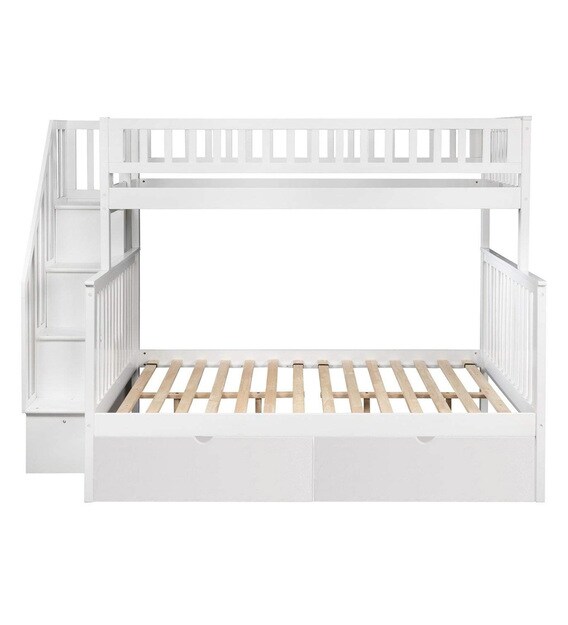 Buy Farmhouse Pine Wood Bunk Bed with Trundle Storage in White
