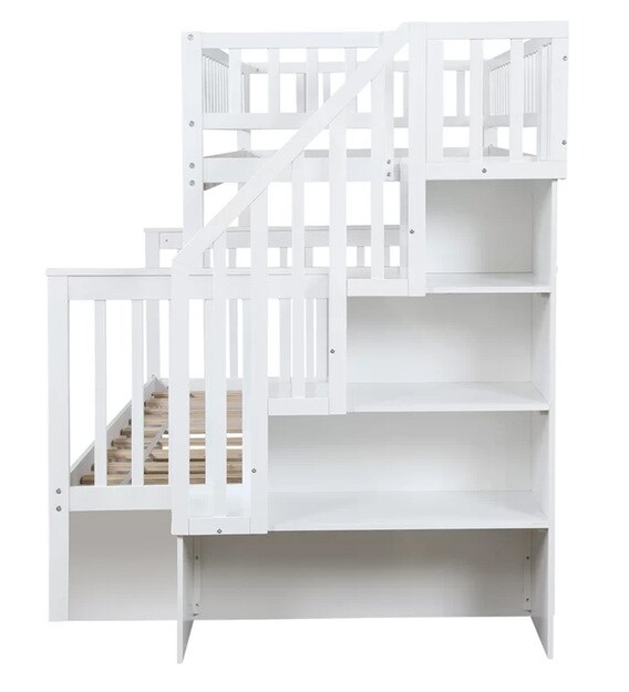 Buy Farmhouse Pine Wood Bunk Bed with Trundle Storage in White