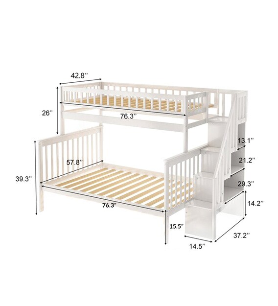 Buy Farmhouse Pine Wood Bunk Bed with Trundle Storage in White