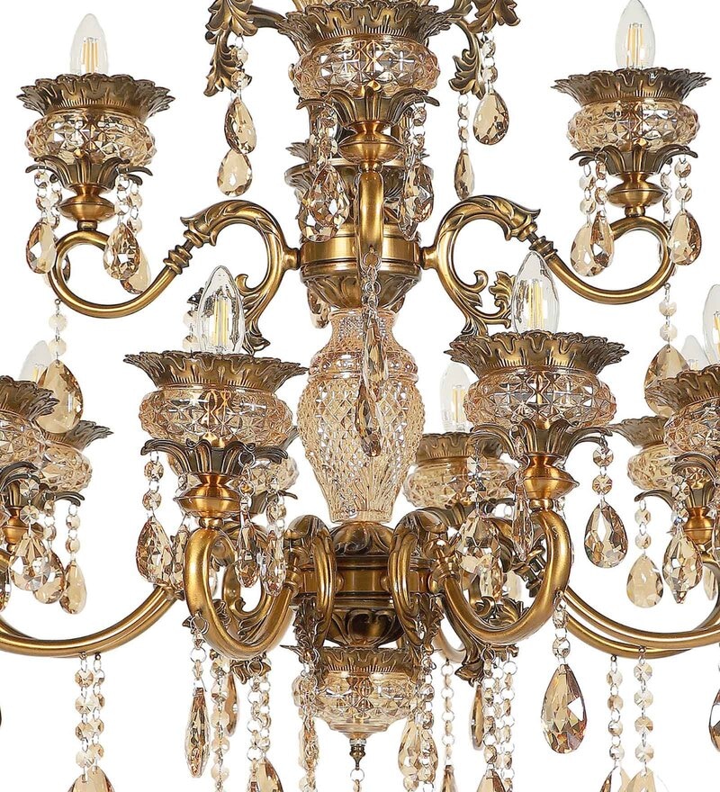 Buy Antique Gold 12 Lights Metal & Crystal Chandelier by Stello Online