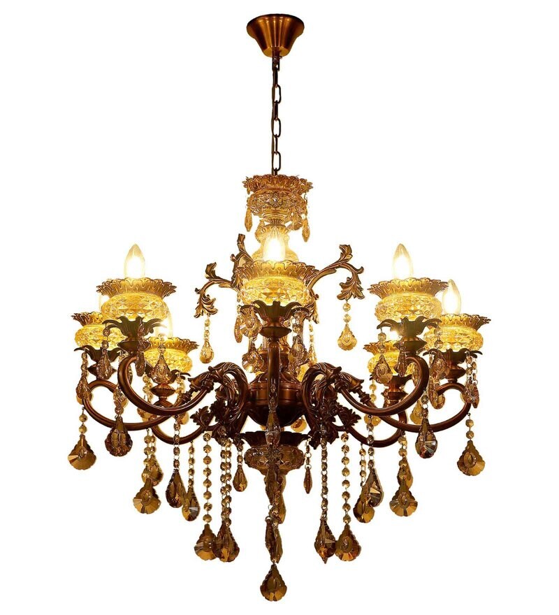 Buy Antique Gold 8 Lights Metal & Crystal Chandelier by Stello Online