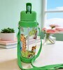 Green Animal Printed Plastic Water Bottle with Straw & Carrying Strap, 600 ml